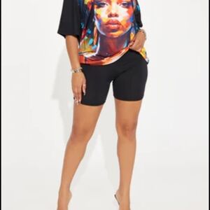 Fashion Nova Colorful Art Top and Black Shorts
